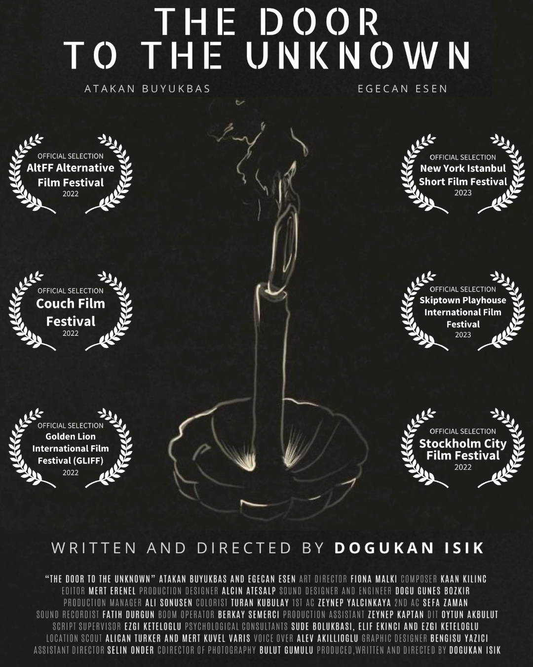 Poster for "The Door to The Unknown": a lit candle rising from a shell against a dark background, with the film's title, cast, festival-selection laurels, and full credits.